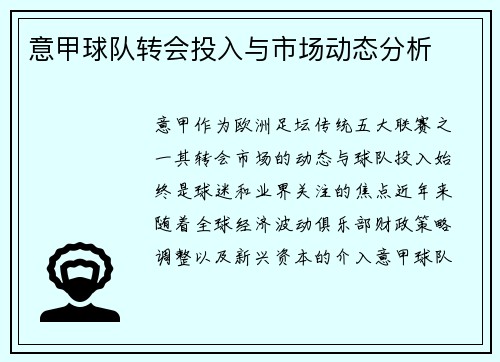 意甲球队转会投入与市场动态分析