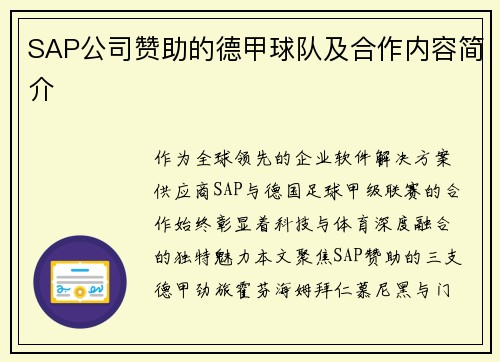 SAP公司赞助的德甲球队及合作内容简介